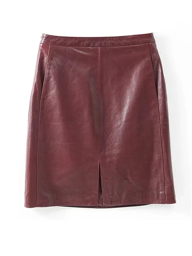 Burgundy Faux Leather Mini Skirt with Front Slit – High-Waist Vegan Leather Skirt