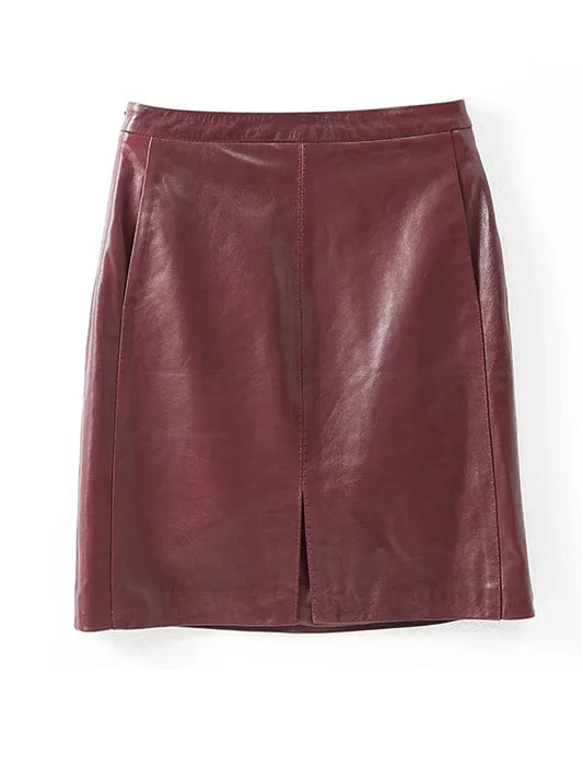 Burgundy Faux Leather Mini Skirt with Front Slit – High-Waist Vegan Leather Skirt