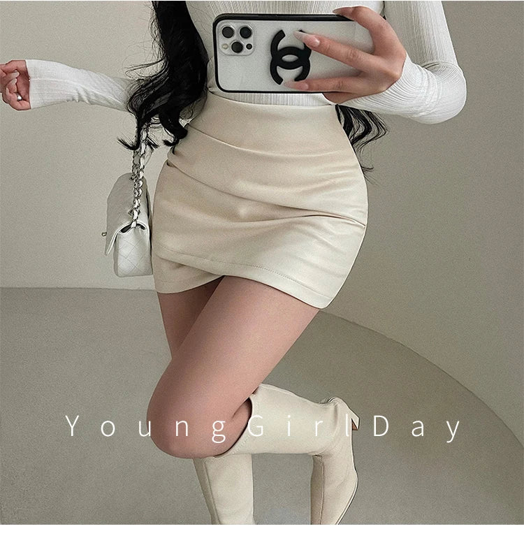 Women’s Faux Leather Ruched Mini Skirt – High Waist Bodycon Hip Wrap Club Skirt