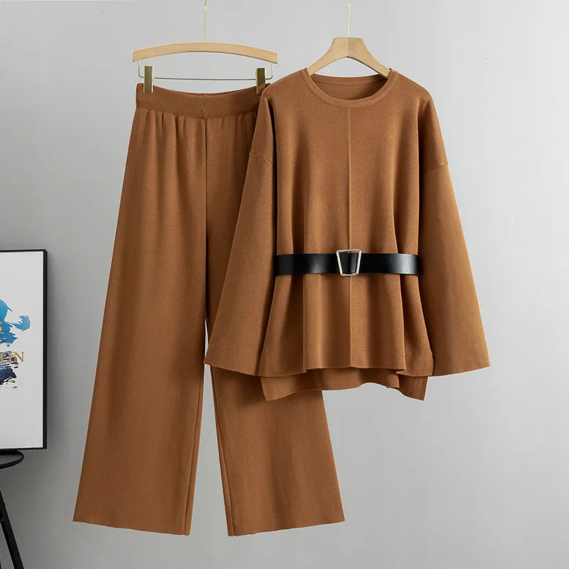Women’s Elegant Knit Two-Piece Set | Belted Sweater & Wide-Leg Pants | Timeless Minimalist Elegance