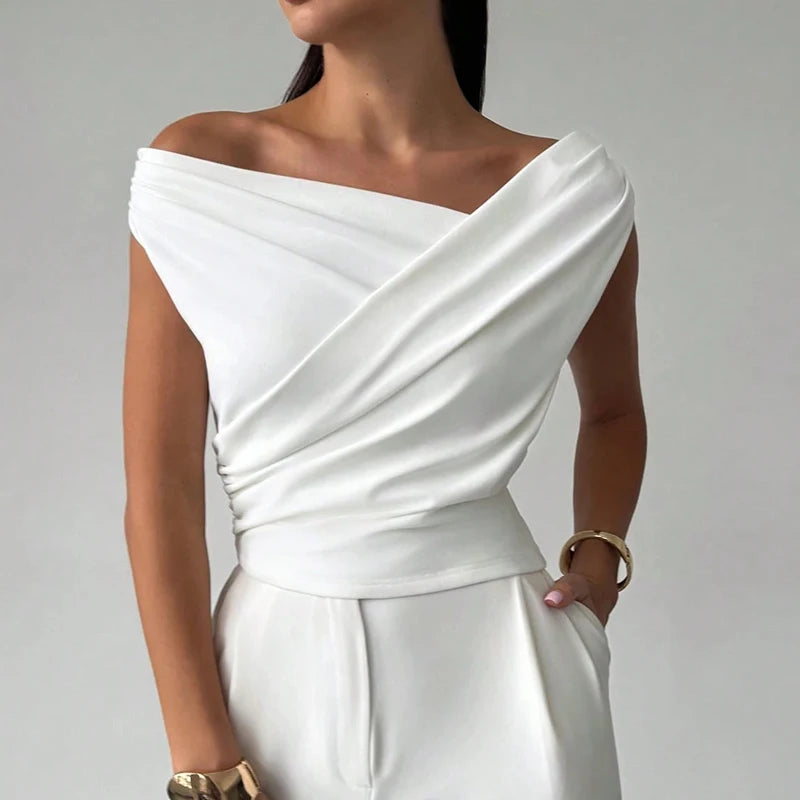 Fashion Simple Office Tops Female Slash Neck Sleeveless T-shirts For Women Elegant Summer Women Shirt White Black