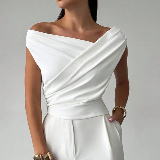 Fashion Simple Office Tops Female Slash Neck Sleeveless T-shirts For Women Elegant Summer Women Shirt White Black