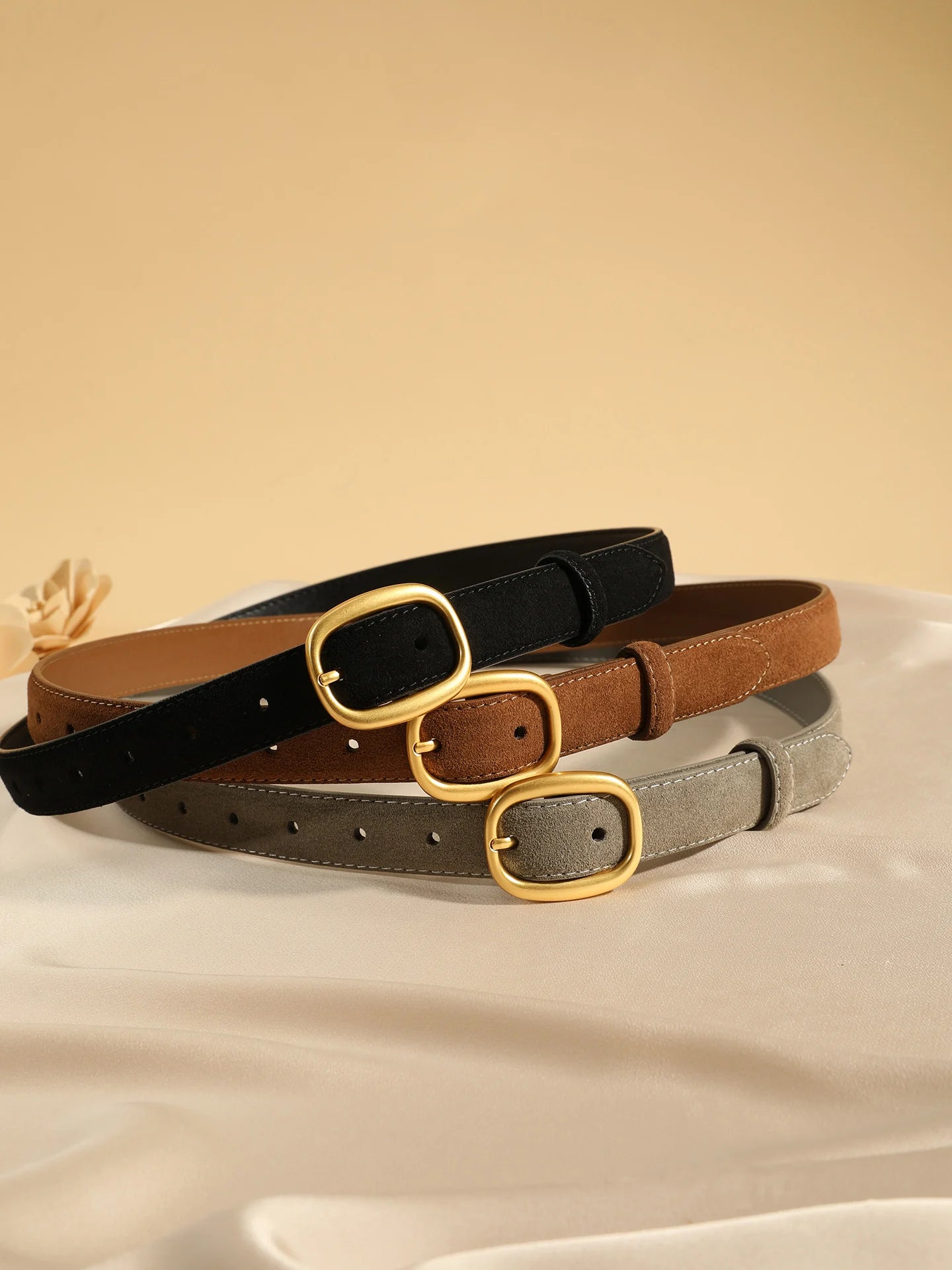 Suede Leather Skinny Fitted Belt/ Slim Waistband/Gold Buckle black Gray Casual Accessory for Jeans Pants & Dresses.