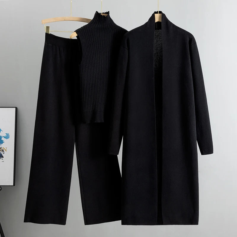 Women’s 3-Piece Knit Cardigan Set | Long Open-Front Coat, Sleeveless Turtleneck Top & Wide-Leg Pants | Fall Winter Lounge & Office Outfit