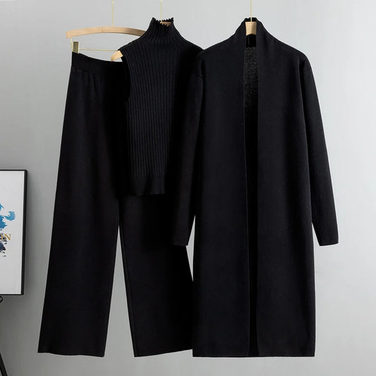Women’s 3-Piece Knit Cardigan Set | Long Open-Front Coat, Sleeveless Turtleneck Top & Wide-Leg Pants | Fall Winter Lounge & Office Outfit