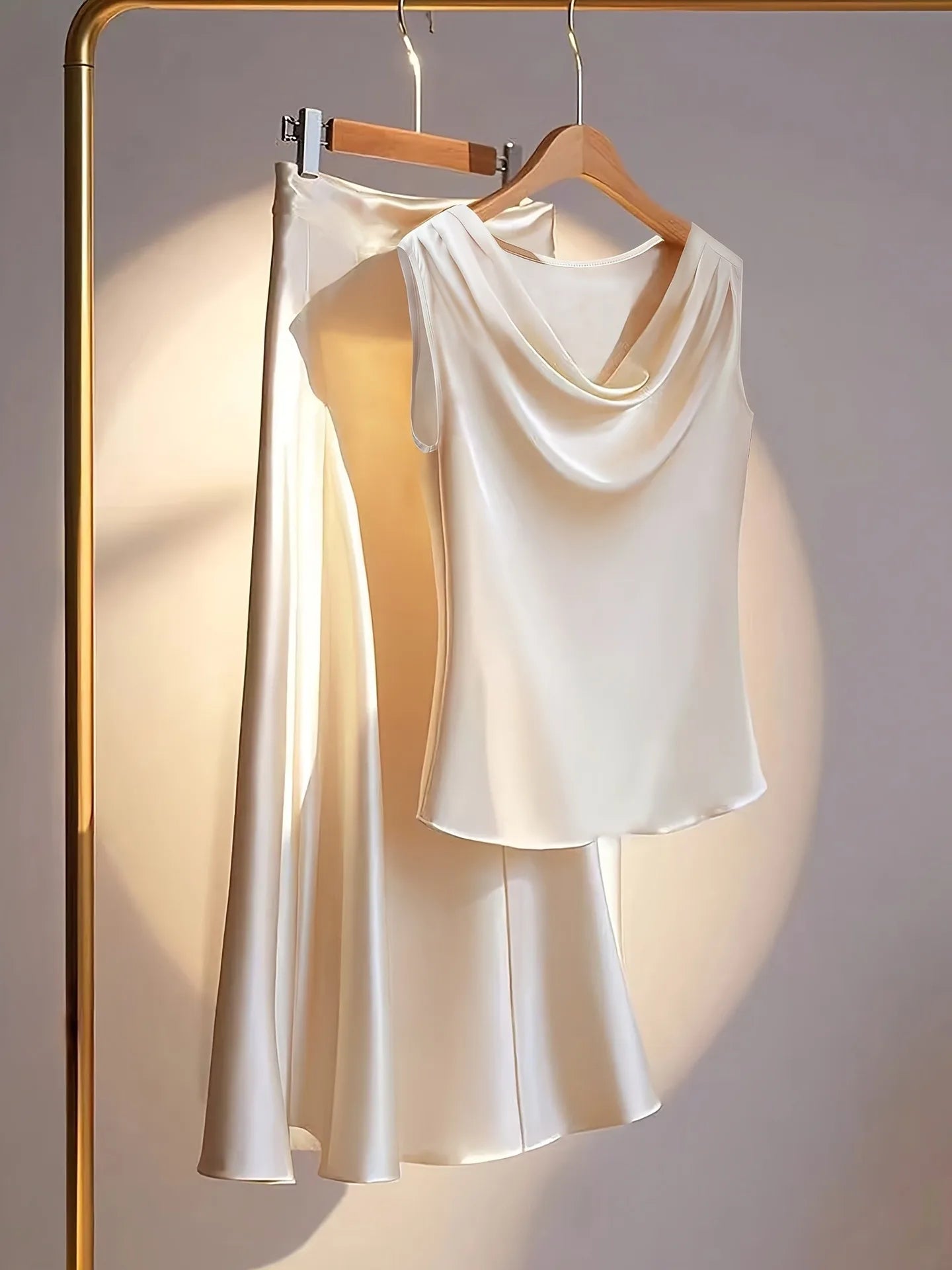 Luxury Satin Cowl Neck Two-Piece Set – Elegant Sleeveless Top & Flowing Skirt Set