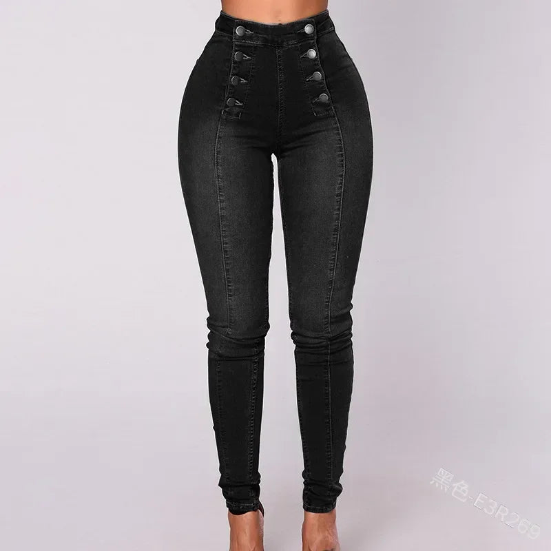 Luxury High-Waist Button Fly Skinny Jeans – Stretch Denim Body-Shaping Slim Fit Pants for Women (Blue & Black)