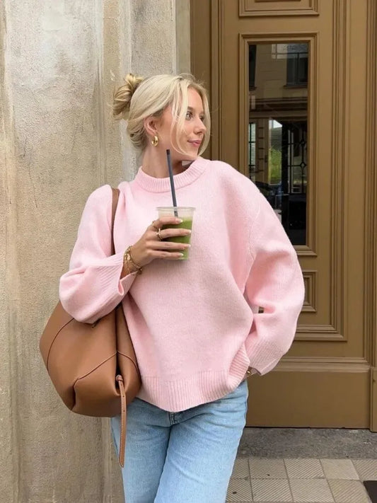 Solid Loose Sweater Fashion Elegant/O-neck Long Sleeve Knitted Pullover/Autumn Female Warm Thick Tops/Comfy Jumpers/