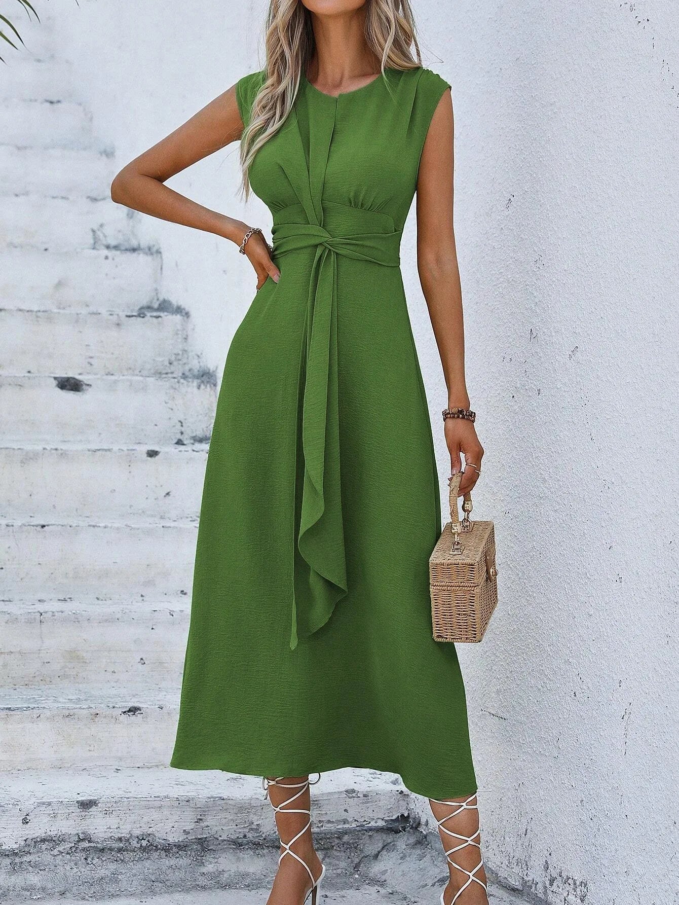 Elegant Sleeveless Waist Tie Midi Dress for Women – Romantic Vacation A-Line Summer Dress | Casual Chic Date Night Outfit | Modern Blend Boutique