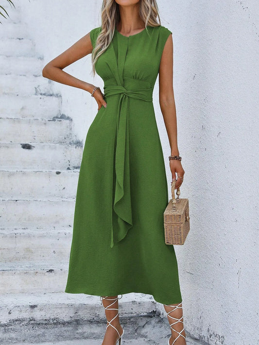 Elegant Sleeveless Waist Tie Midi Dress for Women – Romantic Vacation A-Line Summer Dress | Casual Chic Date Night Outfit | Modern Blend Boutique