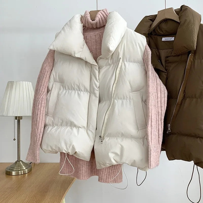 Oversized Autumn Stand Collar Elegant Down Coats/Warm Outerwear Casual Belt Sleeveless Winter Women Vests Jackets.