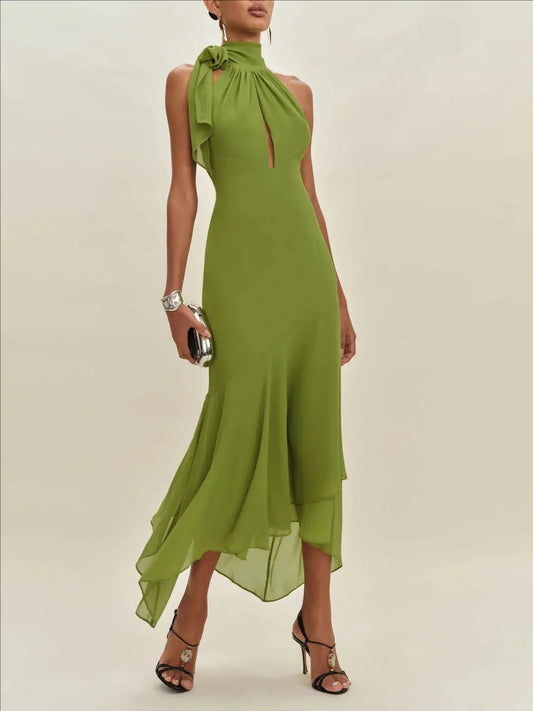 Elegant Olive Green Halter Maxi Dress for Women – Backless Lace-Up Asymmetrical Hem Evening Party Gown | Modern Blend Boutique