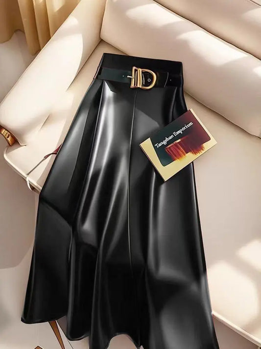 Burgundy Faux Leather A-Line Midi Skirt with Belt – Elegant High-Waist Vegan Leather Skirt