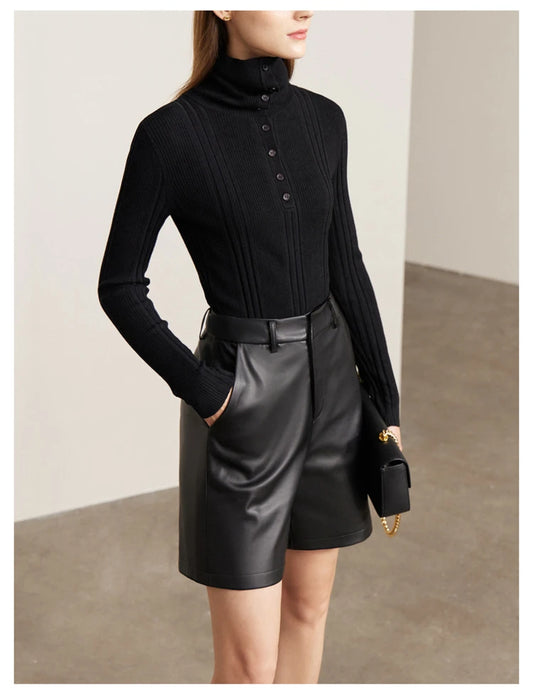 Women’s High-Waist Faux Leather Bermuda Shorts – Chic Tailored Vegan Leather Shorts with Belt, Fall Fashion