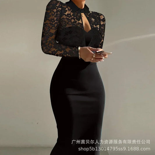 Appealing hot Lace Splicing Long-sleeved Slim Long Dress High Waist.