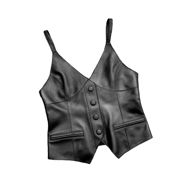 Luxury Genuine Sheepskin Leather Vest for Women – Tailored V-Neck Button Front Streetwear Top (Black, Camel, Green, Purple, Orange, Khaki)