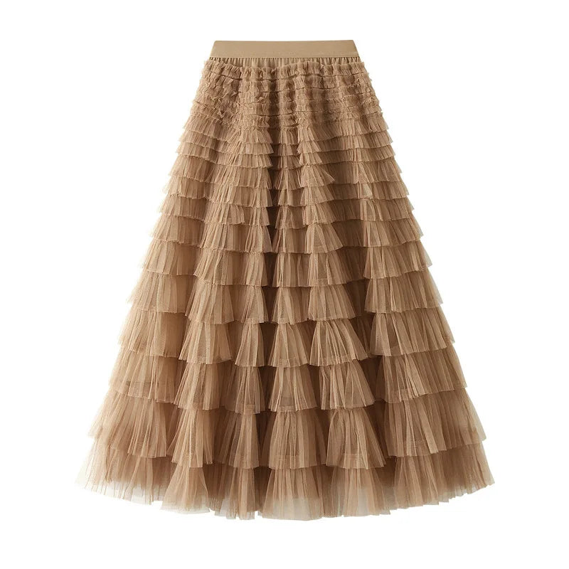 Elegant Layered Mesh Skirt For Women/High-Waisted Puff Skirt/Dropped A~Line/Appliqués Decorative Loose Fitted Skirt.