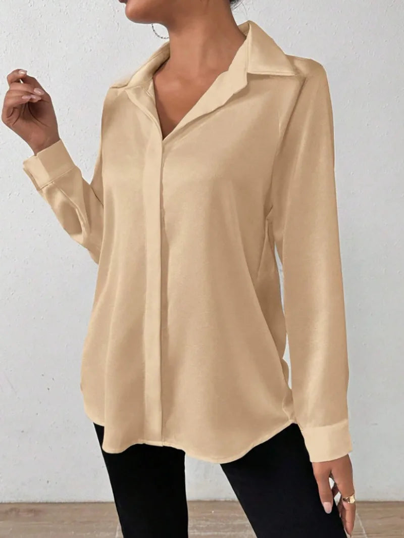 Satin Like Silk Button Down Blouse/ Long Sleeved Slightly Stretched.
