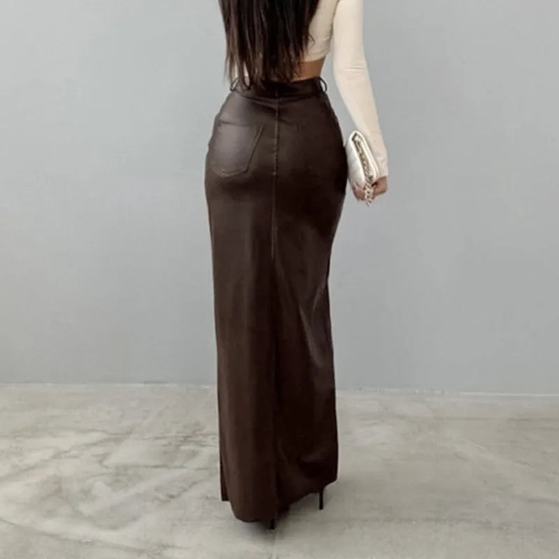 Luxury High-Waist Faux Leather Midi Skirt with Front Slit – Elegant Tailored Fit