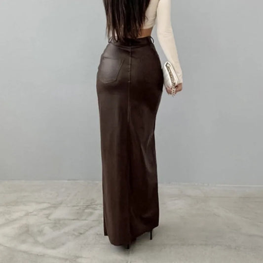 Luxury High-Waist Faux Leather Midi Skirt with Front Slit – Elegant Tailored Fit