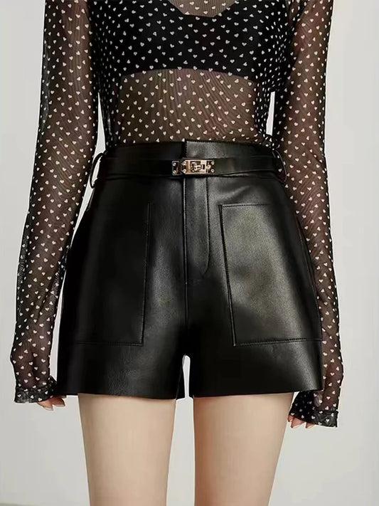 Real Sheepskin Leather Shorts for Women – 2026 New Arrival Casual Genuine Leather Shorts with White Belt, High-Quality Sheepskin, Versatile Summer & Street Style