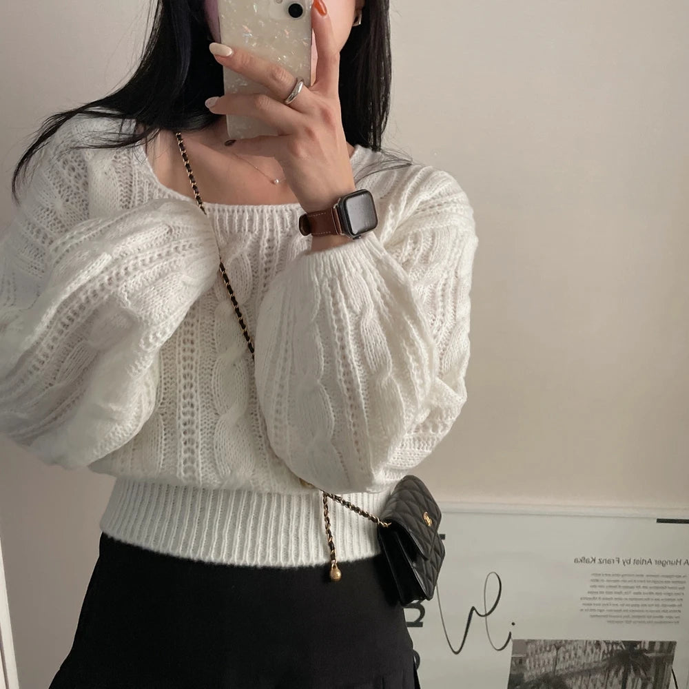 Classy Pullover Square Neck Sweater/Autumn and Winter Loose Casual/Simple Jumper Solid Color Long Sleeved Knitted Sweater.