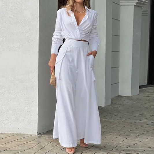 2 piece set/Unique Criss-Cross Solid/Long Sleeve Crop Shirt & High Waist Pants/Turn Down Collar/Broad Cloth Dress/Tatting Craft.