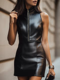 Solid Faux Leather Half Zipper Dress/Sexy Fashion A~Line/Slim-Fitted Wear/Body~Con Stand Out Night Dress/Natural Curve Design.