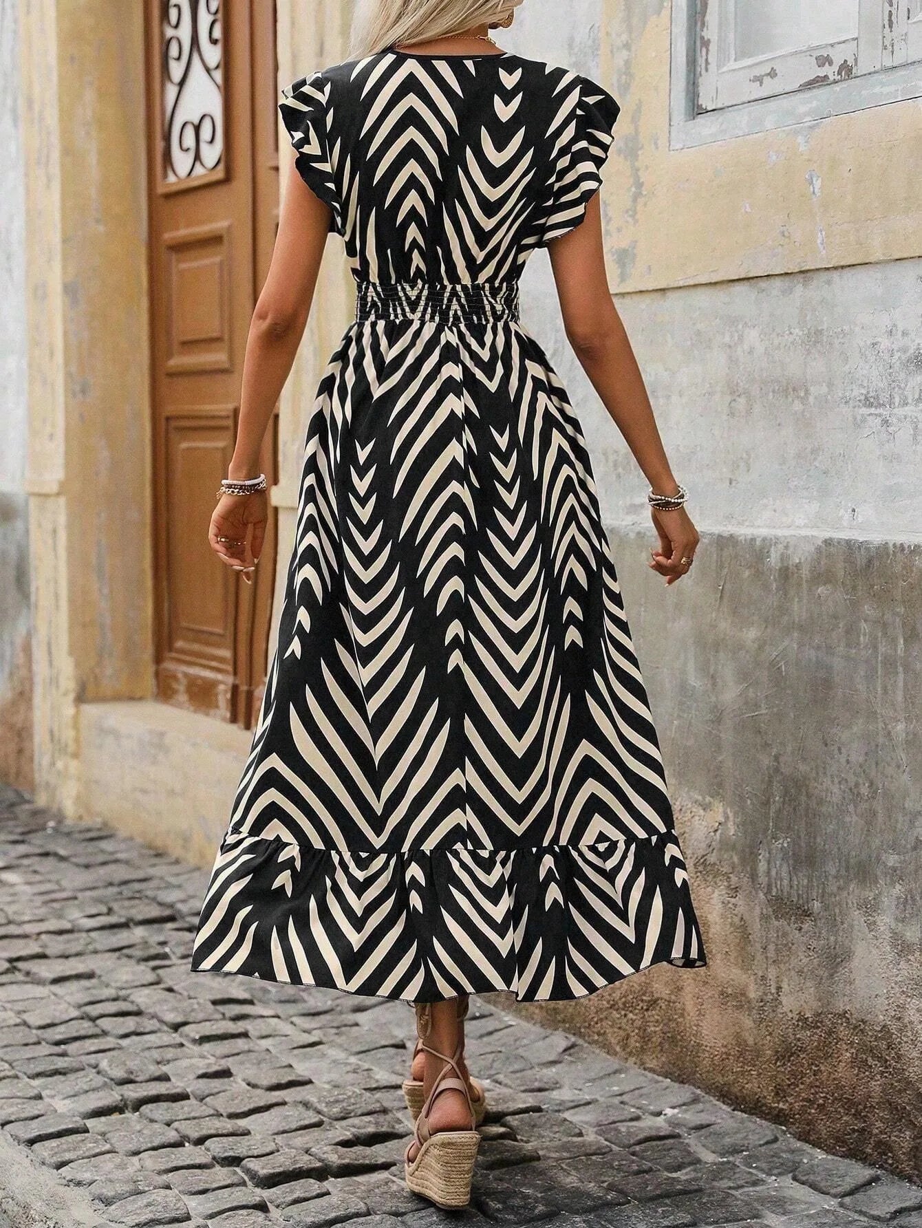 2026 New Summer Women Elegant Printed Short Sleeve Dress Tie Waist Long Hem Casual Fashion Midi Dress