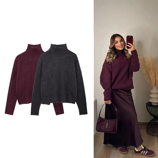 Turtleneck Knitted Sweater/High Collar/Long Sleeves Female Chic Lady/Casual Mujer Cardigan Outfits.