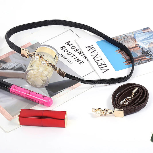 Elegant Double Pearl’s/Elastic Buckle Women Belt’s/Black Thin Straps Lady Girl Dress Skirt Decor Waistbands.