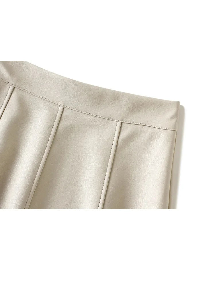 Vintage Faux Leather Skirt Women Autumn Fashion/Midi Long A Line Skirt Female Beige Khaki Elegant PU Skirt A319.