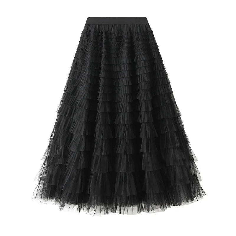 Elegant Layered Mesh Skirt For Women/High-Waisted Puff Skirt/Dropped A~Line/Appliqués Decorative Loose Fitted Skirt.
