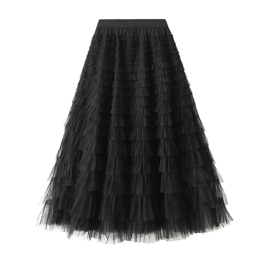 Elegant Layered Mesh Skirt For Women/High-Waisted Puff Skirt/Dropped A~Line/Appliqués Decorative Loose Fitted Skirt.