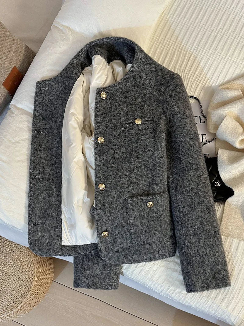 Women’s Thick Wool-Blend Jacket with Gold Buttons – Structured O-Neck Vintage Coat | Autumn Winter 2025