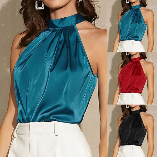 Luxury Satin Halter Neck Blouse for Women – Elegant Sleeveless High-Neck Top in Red, Teal & Black