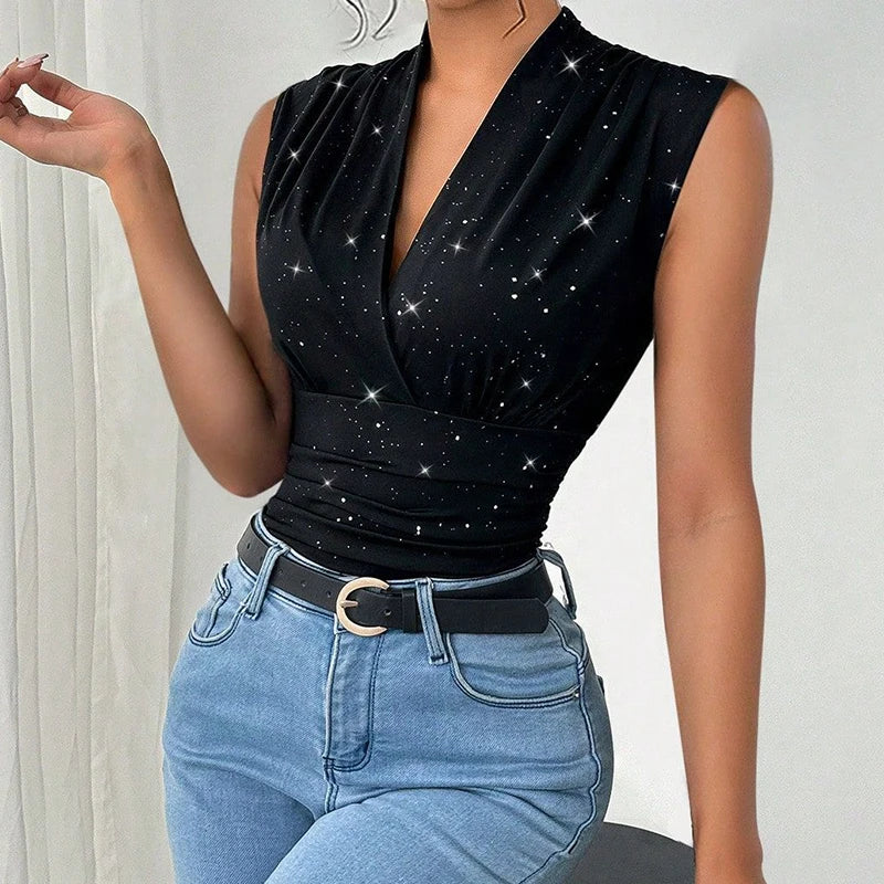 Fashioned Sequined Decor Blouse/New Mesh V~Neck/Folds Sleeveless Tank Top/Streetwear Tight Waist Slim Black Cropped Blouse.