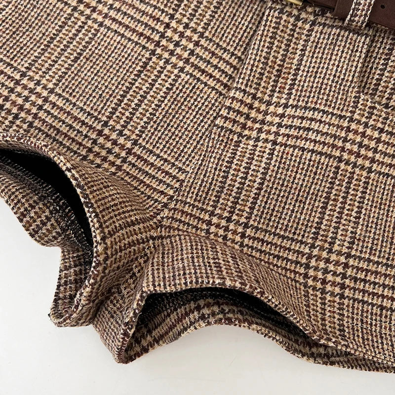 Women’s Mid-Waist Wool Blend Plaid Shorts – Autumn Winter Streetwear Short Pants