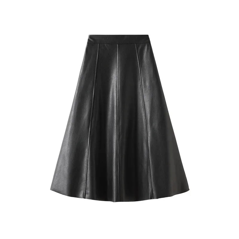 Vintage Faux Leather Skirt Women Autumn Fashion/Midi Long A Line Skirt Female Beige Khaki Elegant PU Skirt A319.