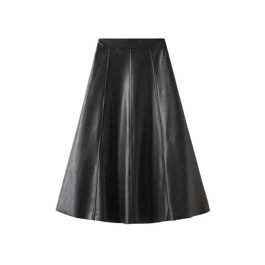 Vintage Faux Leather Skirt Women Autumn Fashion/Midi Long A Line Skirt Female Beige Khaki Elegant PU Skirt A319.