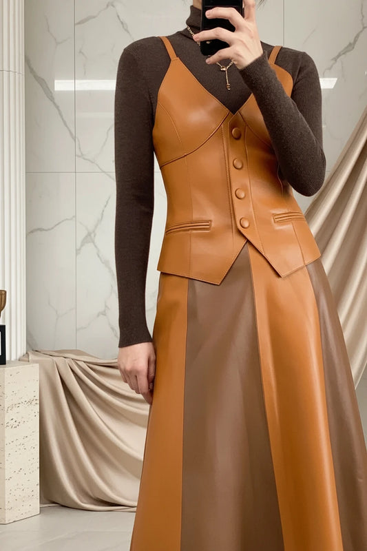 Luxury Genuine Sheepskin Leather Vest for Women – Tailored V-Neck Button Front Streetwear Top (Black, Camel, Green, Purple, Orange, Khaki)