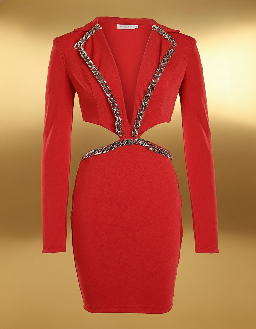 Elegant Sexy Backless Dress/Long Sleeved V-neck Collar/Tight Hollow Chain Party Banquet Dress/Slim Fitted Sheath Silhouette.