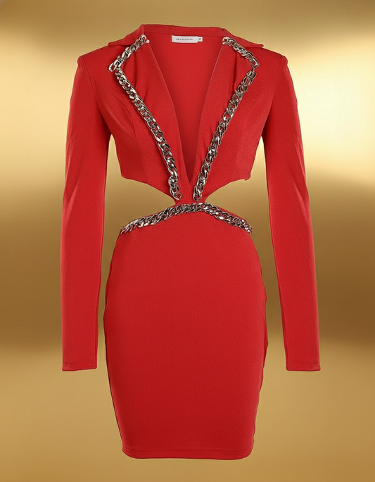 Elegant Sexy Backless Dress/Long Sleeved V-neck Collar/Tight Hollow Chain Party Banquet Dress/Slim Fitted Sheath Silhouette.