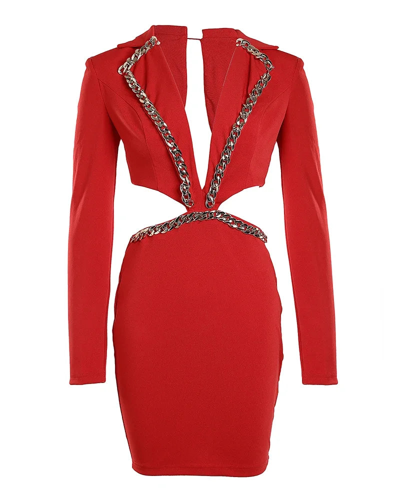 Elegant Sexy Backless Dress/Long Sleeved V-neck Collar/Tight Hollow Chain Party Banquet Dress/Slim Fitted Sheath Silhouette.