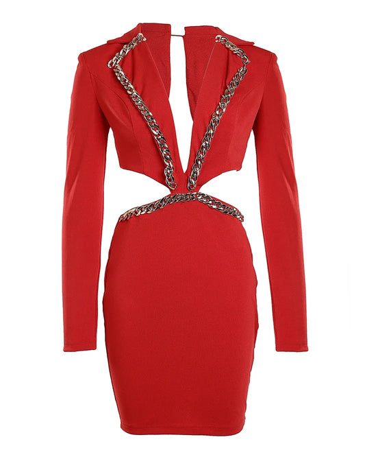 Elegant Sexy Backless Dress/Long Sleeved V-neck Collar/Tight Hollow Chain Party Banquet Dress/Slim Fitted Sheath Silhouette.