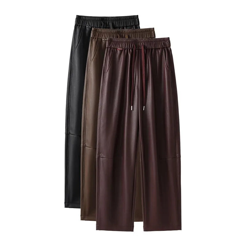 Luxury PU Leather Jogger Pants for Women – High-Waist Elastic Drawstring Wide-Leg Trousers – Comfy Chic Vegan Leather Athleisure Pants