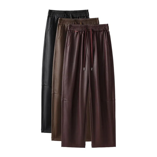Luxury PU Leather Jogger Pants for Women – High-Waist Elastic Drawstring Wide-Leg Trousers – Comfy Chic Vegan Leather Athleisure Pants