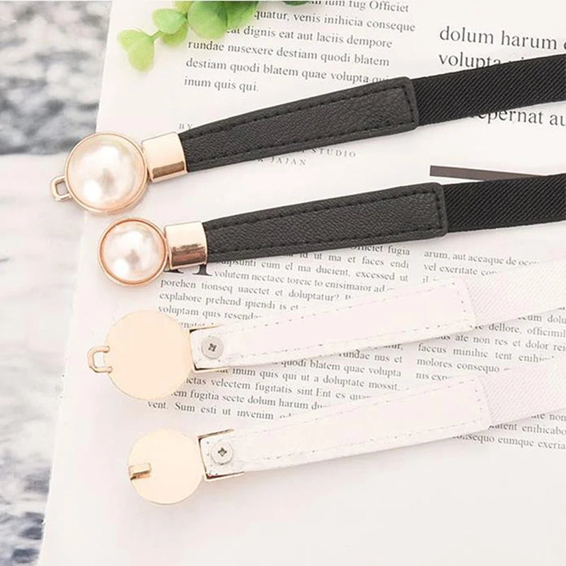Creative Pearl Buckle Belt/PU Leather Dress Skirt/Waist Elastic Thin Women Belts Ladies Waistband.