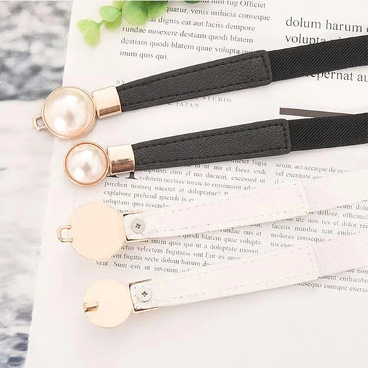 Creative Pearl Buckle Belt/PU Leather Dress Skirt/Waist Elastic Thin Women Belts Ladies Waistband.