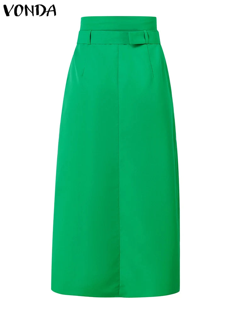 VONDA Button up Midi Skirt/Casual Waistband Button Design Slit Long Overskirts Solid Color Office Lady Bottoms.